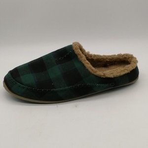 Deer Stags Mens Flat Heel Slide Slipper Faux Fur‎ Lined Green Black Plaid 12